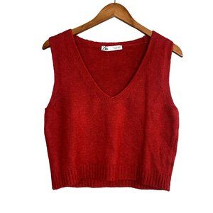 ZARA Cropped Cotton Knit V Neck Sleeveless Sweater Pullover Ribbed Waist S Red